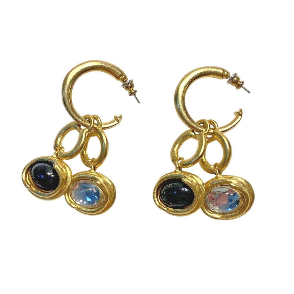 Gold Hoop pierced earrings drop dangle black & clear white drops designer chic